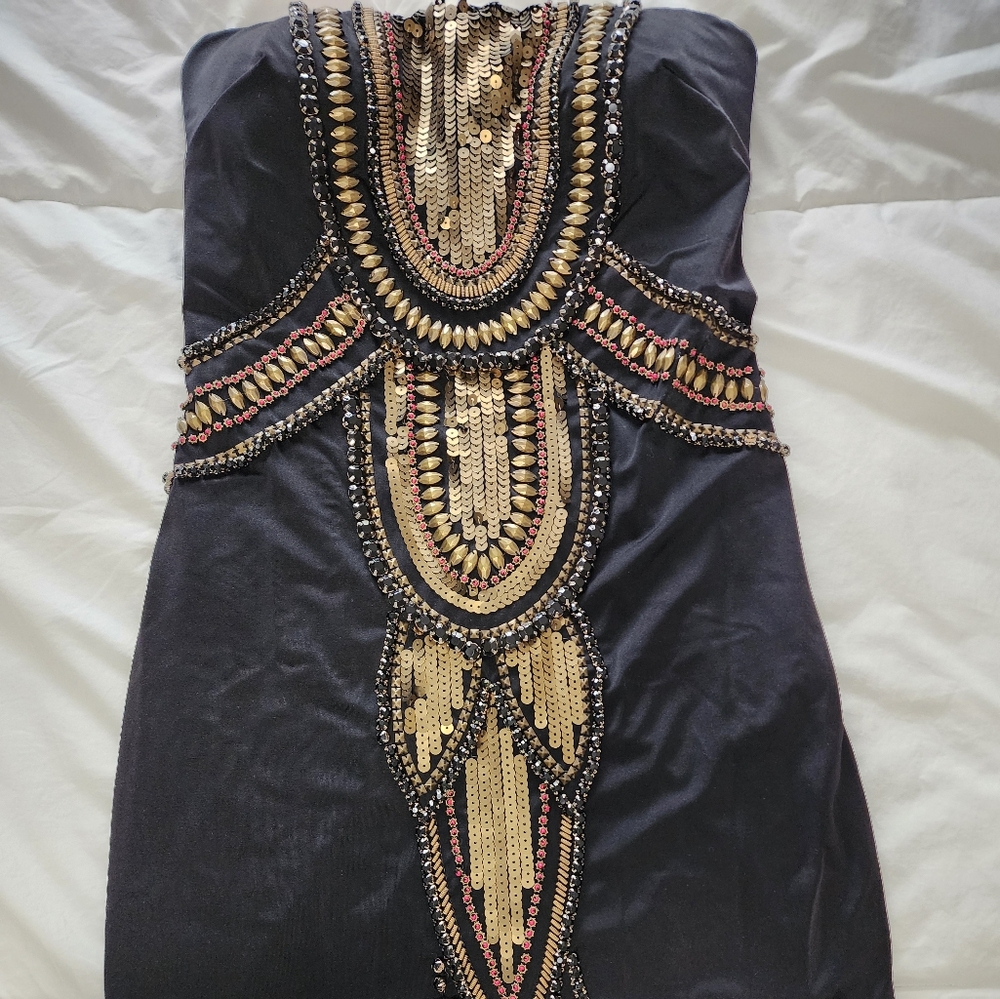 BEBE Black and Gold Embellished Stretchy Mini Dress Size S